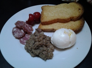Cured meat, goat cheese stuffed peppers, duck rillete, egg and brioche toast